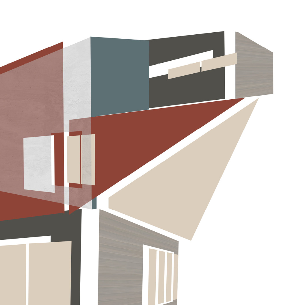 Abstract architectural collage in rust, slate, sand and wood tones