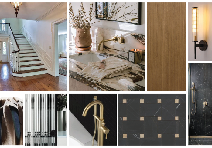 Look-tone-feel board: a traditional staircase, brushed brass, warm wood, black patterned tile and a dark stone shower