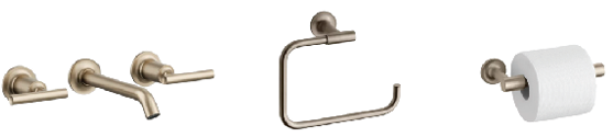 Brushed bronze faucet, towel ring and toilet paper holder