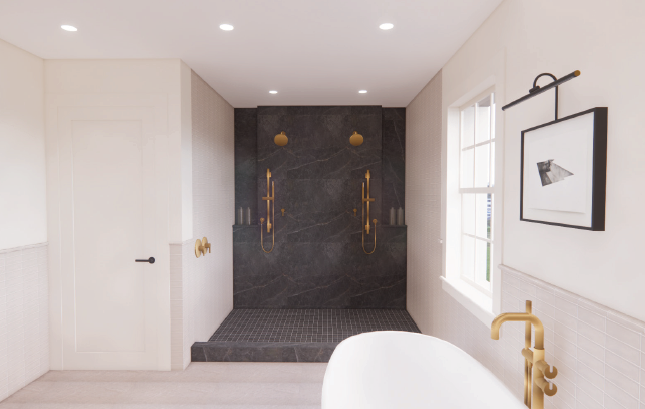 Rendering of the feature shower in dark stone tile, shown without glass