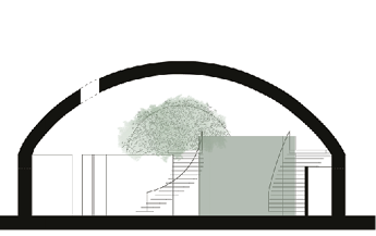 Section B through the vaulted tunnel and the tree sculpture