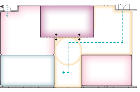 Parti diagram of the office plan with paths of movement between zones