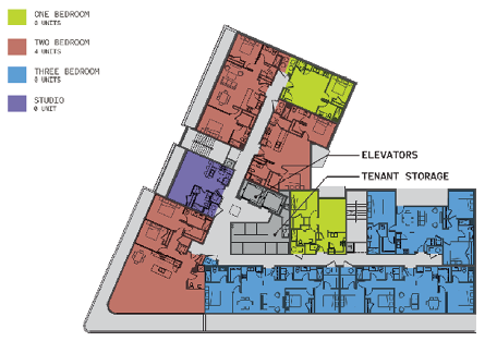 Level 4 plan diagram, color-coded by apartment type