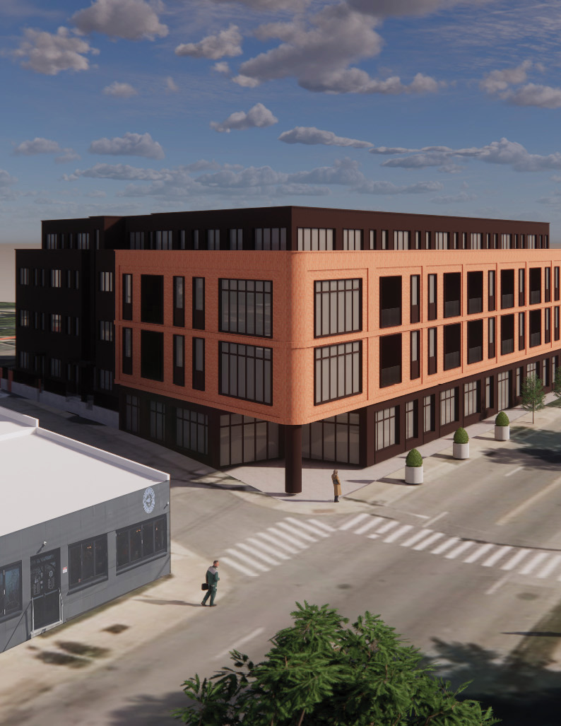 Bird's-eye rendering of the four-story brick Westwood Town Hall Flats on its corner lot, with retail at street level