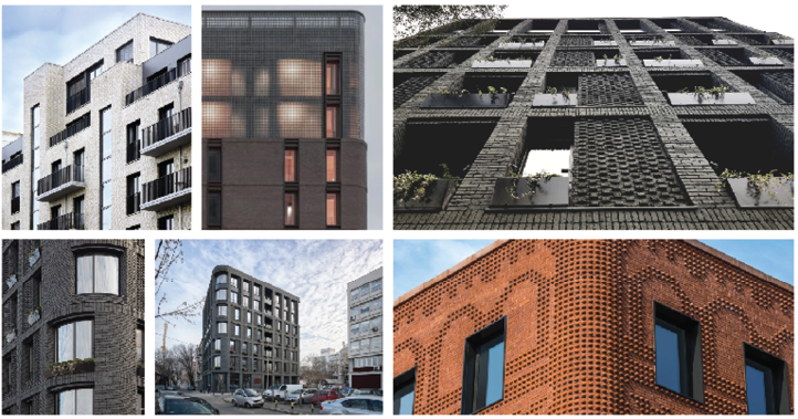 Precedent images of contemporary brick and dark masonry apartment facades
